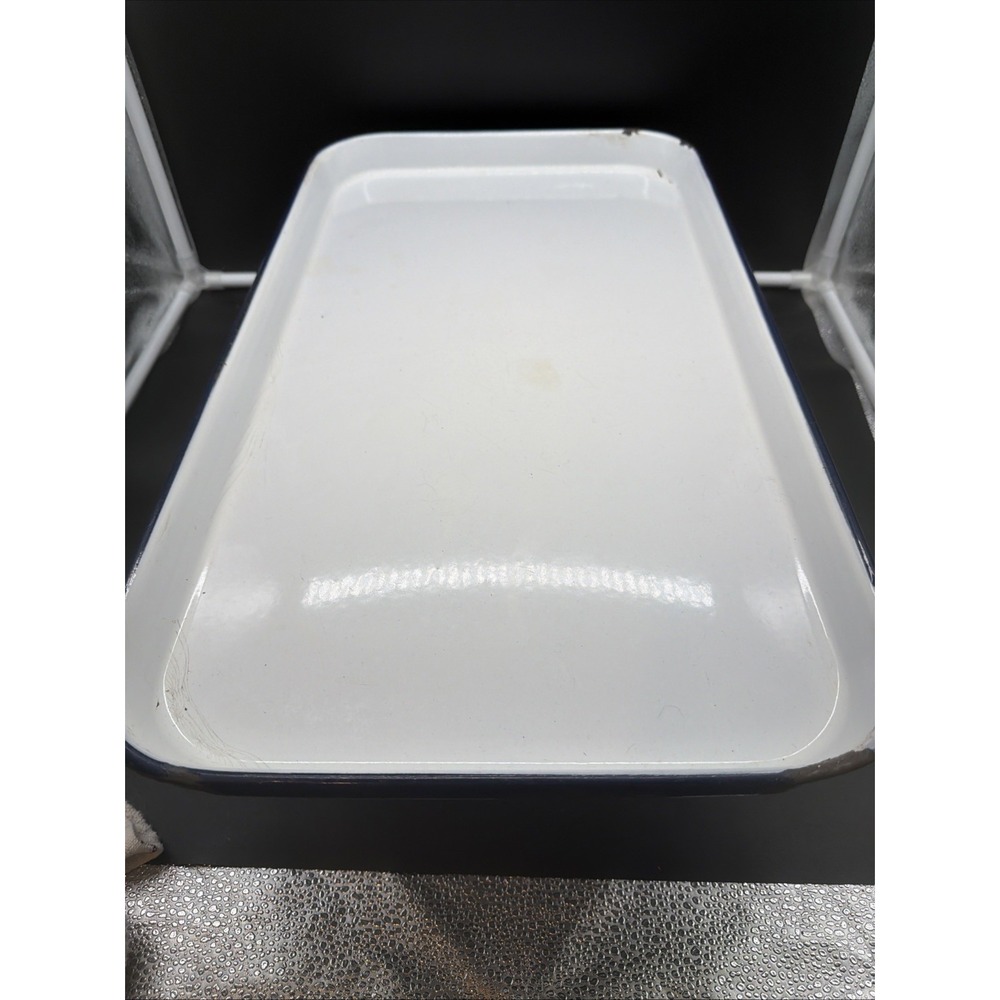 Large Vintage White Enamel Tray 21" X 12" Blue Rim Heavy Metal Platter MCM